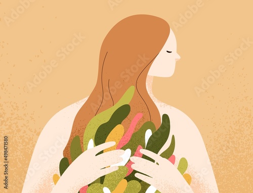 Self love and care. Psychology concept, mental health recovery, rehabilitation, inner world development. Woman feeling peace, tranquility with healing garden plants inside. Flat vector illustration