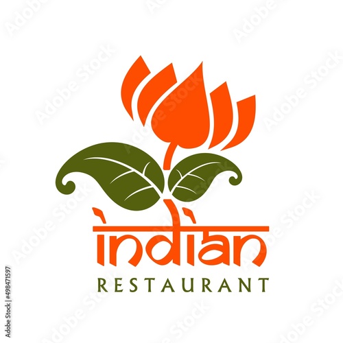 Indian restaurant icon, vector emblem with blooming flower with orange petals and green leaves isolated on white background. Food of India label for cafe, menu design or national cuisine festival