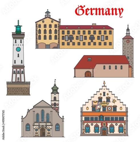 Germany architecture, Lindau buildings and Bavaria travel landmarks, vector. German Garmisch-Partenkirchen rathaus town hall, St Stephen church, Stephankirche, Peterskirche and Leuchtturm lighhouse