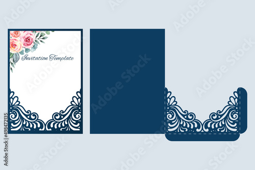Wedding invitation laser cut template, swirls pocket envelope, vector.