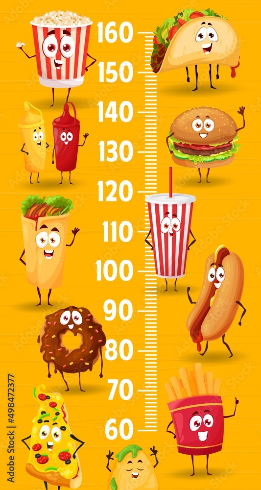 Fast food cartoon characters on kids height chart, vector growth measure meter. Baby tall size ruler scale with cute cheeseburger, hot dog, popcorn and pizza, french fries, donut, soda and tacos