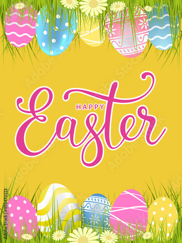 Happy easter card with eggs on the green grass and lettering