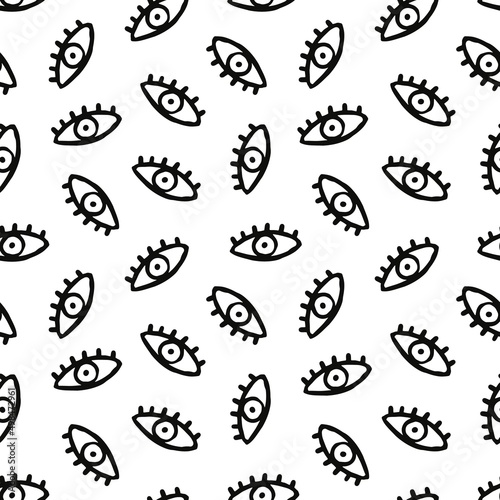 Open eyes pattern. Seamless background with abstract simple eyelashes in dood...