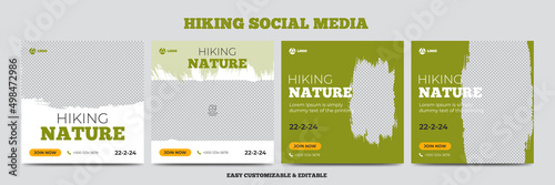 Hiking nature social media post template bundle. Hiking social media web banner set