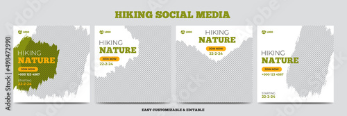 Hiking nature social media post template bundle. Hiking social media web banner set
