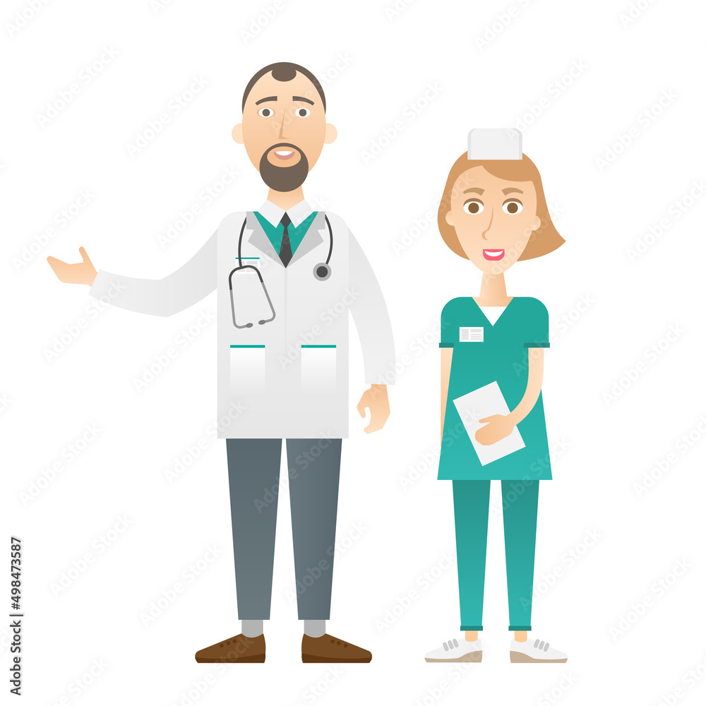 Man doctor and woman nurse in full growth. Vector stock illustration.
