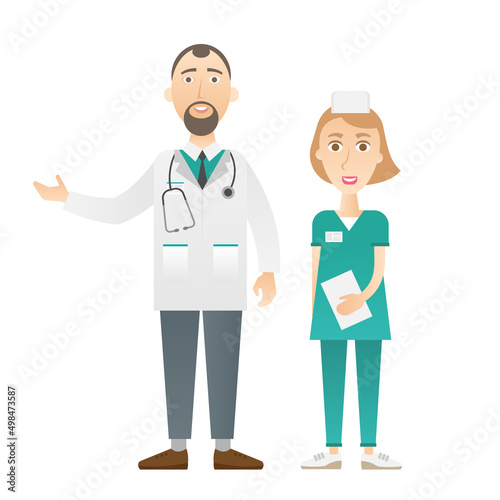 Man doctor and woman nurse in full growth. Vector stock illustration.