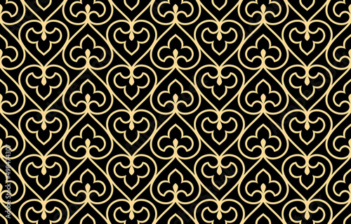 Flower geometric pattern. Seamless vector background. Gold and black ornament. Ornament for fabric, wallpaper, packaging. Decorative print