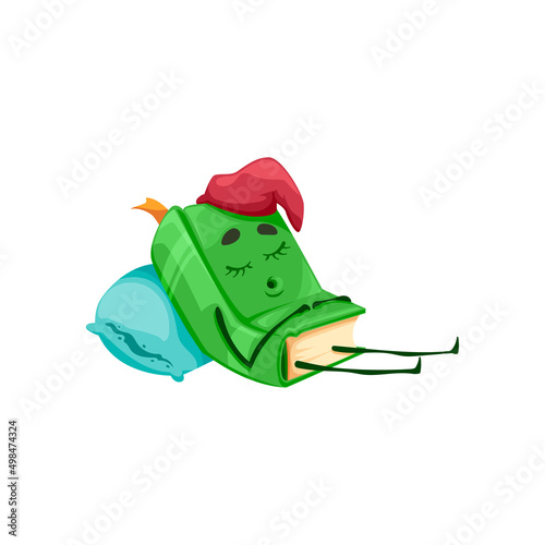 Book cartoon character emoticon resting on pillow isolated green textbook in sleeping hat. Vector childish bestseller fairy tale book in sleep, childish book in hardcover, education knowledge kawaii