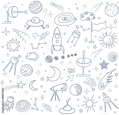 space elements seamless pattern in doodle style sketch vector