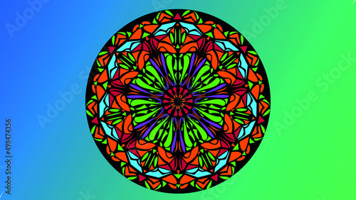 brightly colored mandala of geometric shapes on a gradient color background
