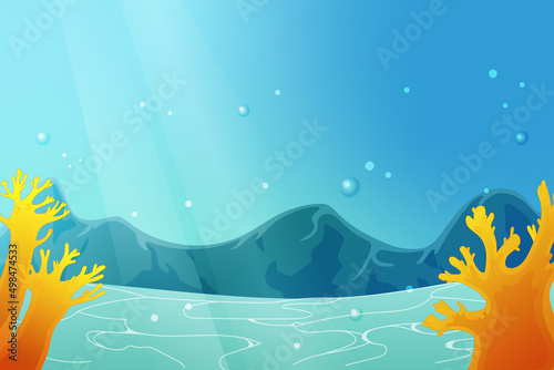 Undersea horizontal vector background art with corals, sand, bubbles, sea mountains for casual game, wallpaper, children book, print.