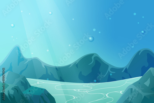 Underwater horizontal landscape with sea mountains, stones, bubbles. Vector cartoon seascape background for level game, children book, wallpaper design.