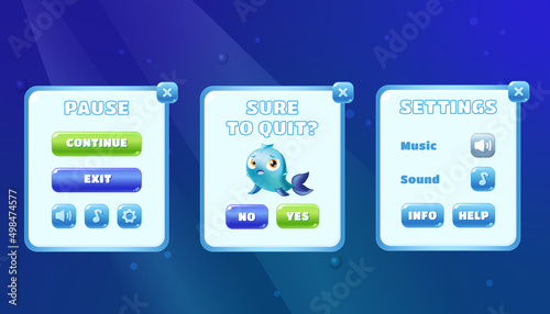 Casual game windows interface with buttons and cartoon fish sea theme. Mobile game vector interface concept with icons and blue buttons for game design.