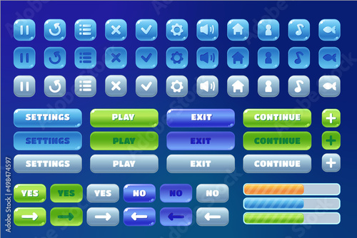 Set of casual buttons for game interface, concept of blue, green buttons and icons for app. Vector ui design elements. Play, pause, settings, music, arrows, progress bar, menu elements.
