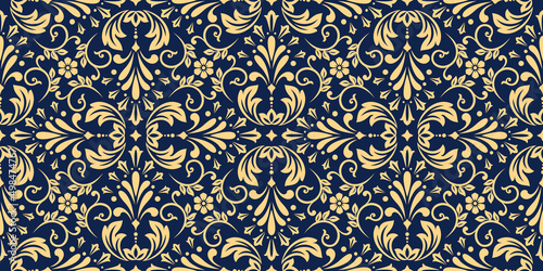 Flower geometric pattern. Seamless vector background. Gold and dark blue ornament. Ornament for fabric  wallpaper  packaging. Decorative print