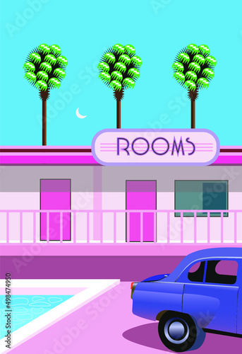 Minimalist flat style vector illustration of a summer tropical landscape with retro car standing next to the swimming pool by the pink road motel against the background of palm trees and blue sky