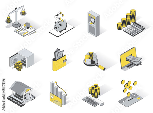 Banking and finance 3d isometric icons set. Pack elements of budget accounting, savings in piggy bank, ATM, keeping money in safe, financial statistics. Vector illustration in modern isometry design
