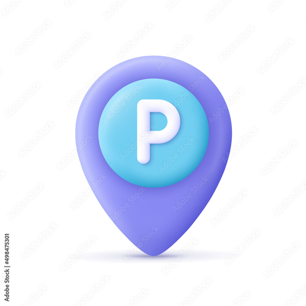Location mark, destination pointer with letter P, parking sign. 3d vector icon. Cartoon minimal style.