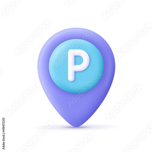 Location mark, destination pointer with letter P, parking sign. 3d vector icon. Cartoon minimal style.