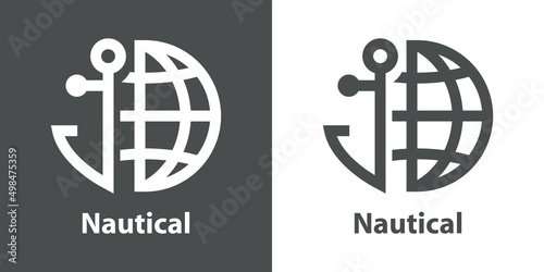 Logotipo con texto Nautical con silueta de ancla de barco con globo terráqueo con líneas en fondo gris y fondo blanco