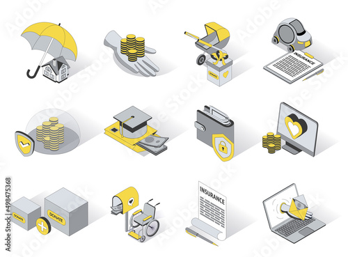 Social security 3d isometric icons set. Pack elements of mortgage benefits, house and car insurance, maternity donate, benefits for disability, perks. Vector illustration in modern isometry design