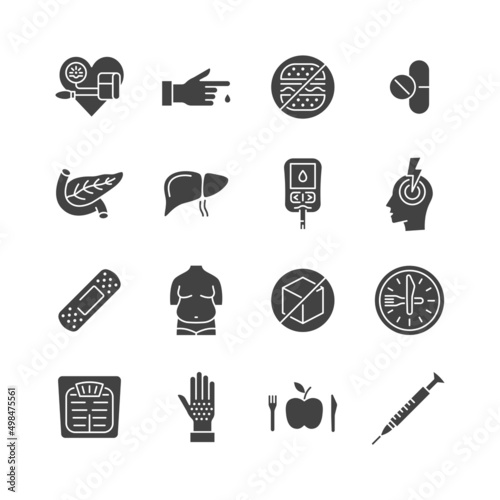 Diabetes prevention and treatment  glyph icon set.  Symbol of diet, weight control, obesity, liver, pancreas, glucometer, pressure blood monitor, headache. Vector illustration.
