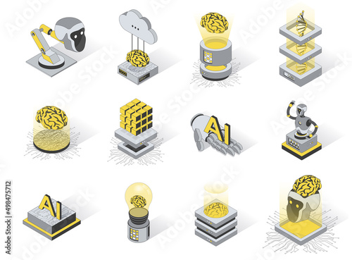 Artificial intelligence 3d isometric icons set. Pack elements of machine learning, smart robots, cloud technology, AI programming, circuits and chips. Vector illustration in modern isometry design