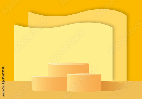 Yellow product background stand or podium pedestal on empty display with pastel backdrop. Concept for product presentation, mock up, show cosmetic, summer wall. illustration of 3d paper cut style.