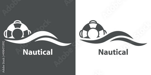 Logotipo con texto Nautical y silueta de anillo salvavidas con olas en fondo gris y fondo blanco photo
