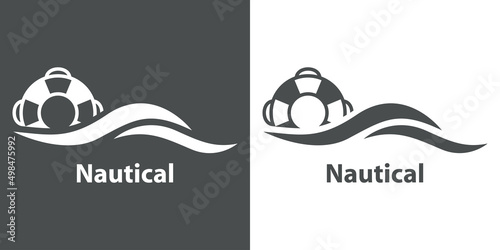 Logotipo con texto Nautical y silueta de anillo salvavidas con olas en fondo gris y fondo blanco