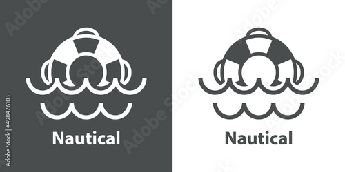 Logotipo con texto Nautical y silueta de anillo salvavidas con olas en fondo gris y fondo blanco