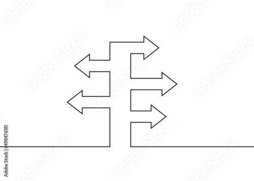 Arrow indicator pointer, path choice, single continuous one line drawing. Graphic direction. One stroke sketch outline draw. Vector illustration