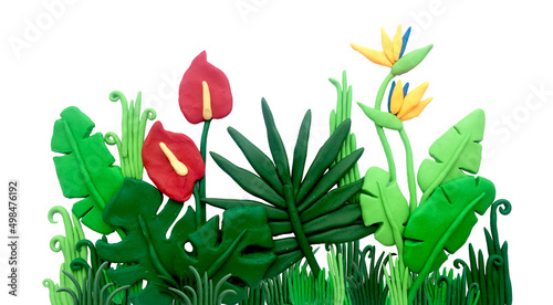 plasticine illustration, tropical leaves and flowers composition. 3d image with monstera leaves, palm trees and flowers.