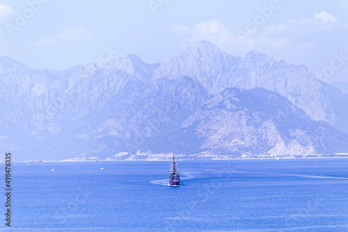 beautiful view from Kaleici castle, Antalya. blue sky and sea. boats are sailing