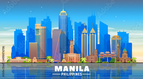 Manila City ( Philippines ) skyline with panorama in white background. Vector Illustration. Business travel and tourism concept with modern buildings. Image for banner or website. photo
