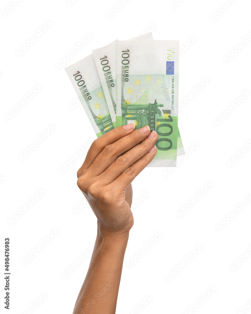 finance, currency and people concept - close up of female hand holding euro money over white background finance, currency and people concept - close up of female hand holding euro money over white background