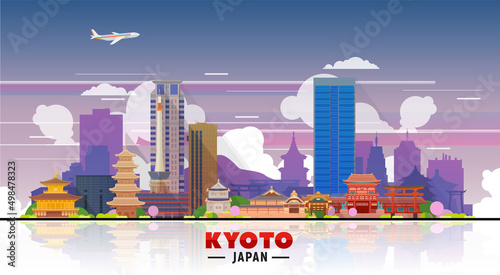 Kyoto ( Japan ) skyline with panorama in color background. Vector Illustration. Business travel and tourism concept with modern buildings.