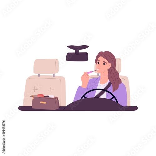 Woman driver applying lipstick, doing makeup, looking in rear view mirror behind steering wheel. Hurrying female with cosmetic inside auto. Flat vector illustration isolated on white background