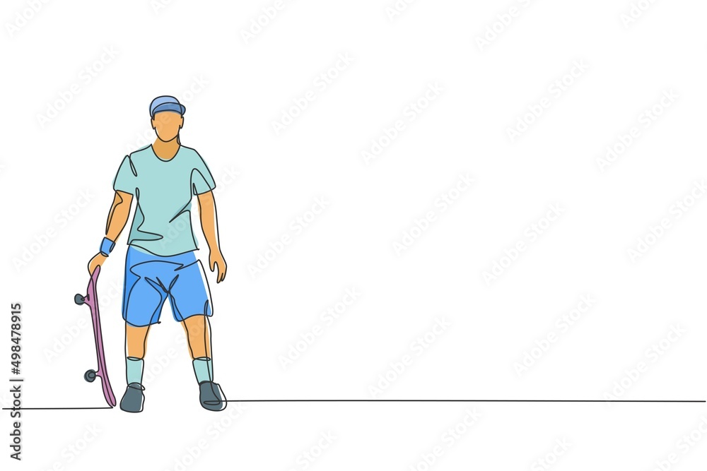 Obraz premium One continuous line drawing of young cool skateboarder man holding skateboard and pose stylish in skatepark. Extreme teenager sport concept. Dynamic single line draw graphic design vector illustration