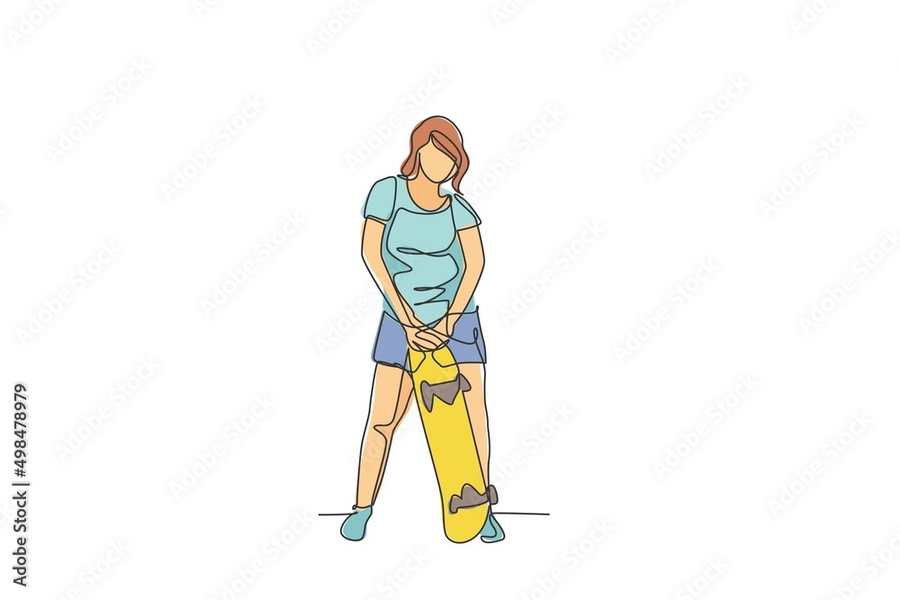 One continuous line drawing young cool skateboarder woman holding skateboard and pose stylish in skatepark. Extreme teenager sport concept. Dynamic single line draw design vector graphic illustration