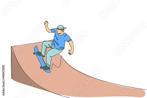 One single line drawing of young skateboarder man exercise riding skateboard at ramp board vector illustration. Teen lifestyle and extreme outdoor sport concept. Modern continuous line draw design