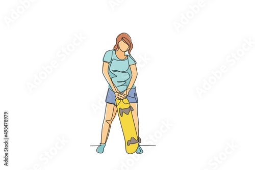 One continuous line drawing young cool skateboarder woman holding skateboard and pose stylish in skatepark. Extreme teenager sport concept. Dynamic single line draw design vector graphic illustration