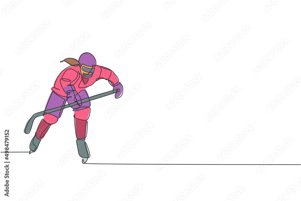 Single continuous line drawing of young professional ice hockey player hit the puck and attack on ice rink arena. Extreme winter sport concept. Trendy one line draw design graphic vector illustration Single continuous line drawing of young professional ice hockey player hit the puck and attack on ice rink arena. Extreme winter sport concept. Trendy one line draw design graphic vector illustration