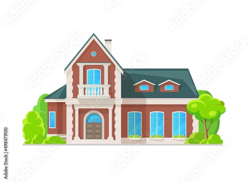 Suburban two story house with classic exterior, residential neighborhood property. Vector real estate architecture of cottage building, villa, mansion or townhouse with balconies, columns, balustrade