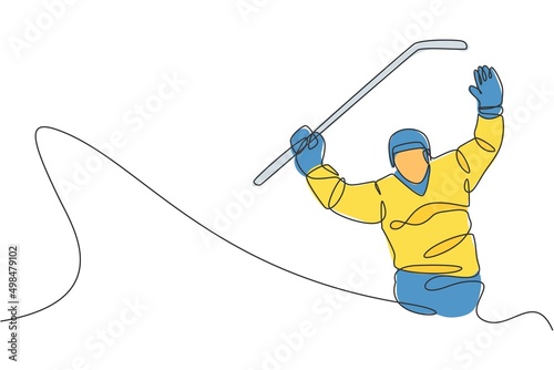 One single line drawing of young ice hockey player celebrate a goal at competitive game on ice rink stadium vector illustration graphic. Sport tournament concept. Modern continuous line draw design