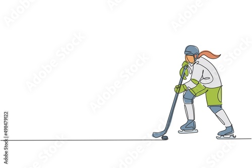 One single line drawing of young ice hockey player in action to play a competitive game on ice rink stadium vector graphic illustration. Sport tournament concept. Modern continuous line draw design