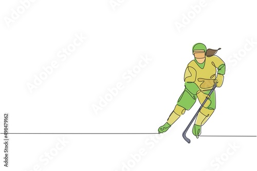 Single continuous line drawing of young professional ice hockey player hit the puck and attack on ice rink arena. Extreme winter sport concept. Trendy one line draw graphic design vector illustration