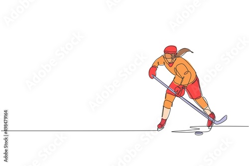 One single line drawing of young ice hockey player in action to play a competitive game on ice rink stadium vector illustration graphic. Sport tournament concept. Modern continuous line draw design
