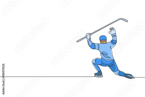 Canvas Print Single continuous line drawing of young professional ice hockey goalie block the puck shot and defense on ice rink arena